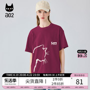 a02个性可爱猫头涂鸦t恤女短袖，2024夏季宽松圆领百搭纯棉上衣