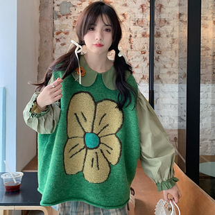 大码女装春季胖妹妹时尚，两件套韩版绿色花朵针织，马甲+娃娃领衬衣