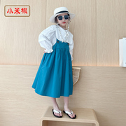 女童背带连衣裙衬衣套装2024秋季中大童韩版洋气长袖两件套裙