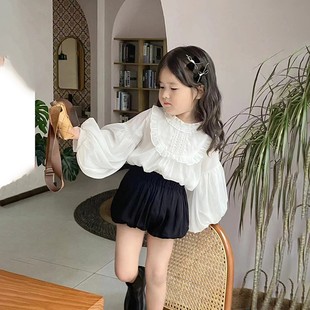 女童时髦套装春秋款2024韩版雪纺长袖衬衫南瓜短裤儿童泡泡袖上衣