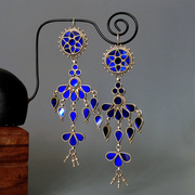 印度925纯银波西米亚风超美复古宫廷蓝色琉璃花卉流苏长耳环
