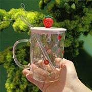 颜值网红大容量水杯耐高温玻璃杯家用果汁，奶茶杯可爱草莓杯带吸管