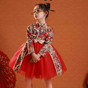 女童高端礼服秋冬儿童公主裙红色中国风小女孩主持人钢琴花童婚礼