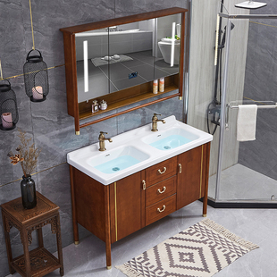 新中式橡木双盆浴室柜组合卫生间智能落地洗手洗脸一体陶瓷洗漱台
