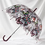 沛欣拱形复古透明伞女蝴蝶印花蘑菇伞弯柄长柄，伞半自动直杆雨伞