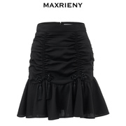 奥莱maxrieny褶皱高腰鱼尾，半裙冬装女复古包臀短裙，通勤半身裙