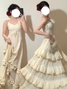 杏色蕾丝蛋糕裙女2024春季高腰显瘦中长款法式复古a字半身裙
