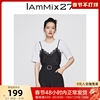 IAmMIX27圆领套头T恤女个性假两件撞色拼接法式蕾丝吊带短袖上衣