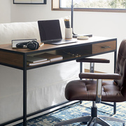 北欧书桌复古办公桌简约工作台铁艺实木双层台式桌多功能电脑桌