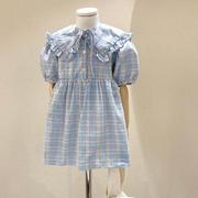 韩国进口童装女孩裙子，夏装女童格子短袖连衣裙1915