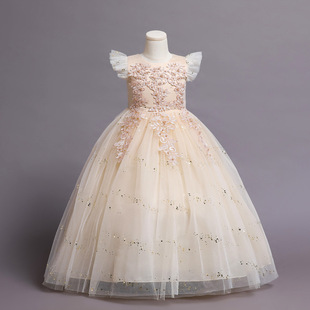欧美女童婚纱网纱蕾丝公主裙，儿童拖地长裙钢琴，演奏礼服主持人服装