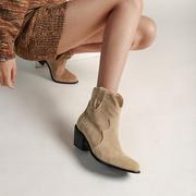 秋冬季欧美风复古短靴，女时尚磨砂外贸，尖头中筒中跟骑士短靴子
