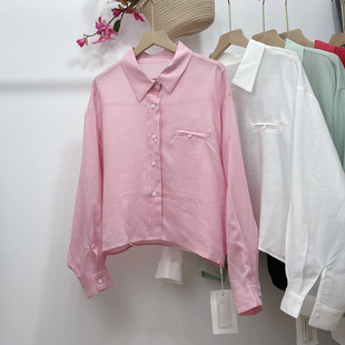 粉红色轻薄舒适长袖防晒衬衫，女夏季上衣轻熟法式小众短款开衫衬衣