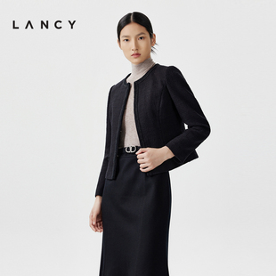 lancy朗姿春季黑色羊毛，圆领小香风，短外套法式修身收腰上衣女