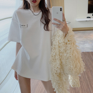 早春韩版贴布白色T恤女慵懒风宽松时尚短袖加厚中长款打底衫