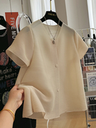 高端褶皱科技面料圆领短袖小衫女夏季宽松气质雪纺，衫洋气独特上衣