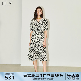 天丝亚麻lily2024夏法式(夏法式)浪漫碎花v领高腰，显瘦a字连衣裙女