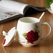 可爱创意杯子情侣骨，瓷杯马克杯带盖带勺肚杯水杯，陶瓷茶杯定制logo