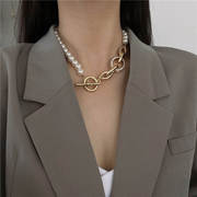 高级感设计珍珠T型扣简约ins冷淡风潮女网红装饰项链夸张锁骨链