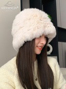 兔毛绒皮草针织毛线帽子女秋冬季保暖云朵渔夫帽可爱甜美防寒冷帽