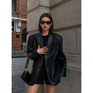 ousph黑色pu皮衣西装，外套女2023秋冬高级质感宽松小西服夹克