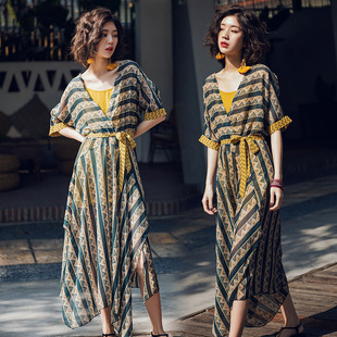 波西米亚沙滩裙套装女泰国民族风情复古条纹雪纺大摆连衣裙两件套
