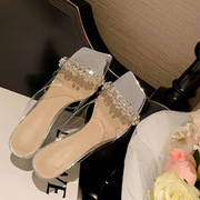 银色水晶高跟鞋女2023年夏季时尚凉鞋外穿粗跟水钻透明带