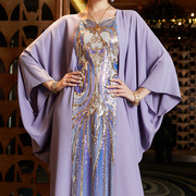 紫色幻彩亮片绣花斗篷，蝙蝠衫长款中东连衣裙女士外贸迪拜沙特长袍
