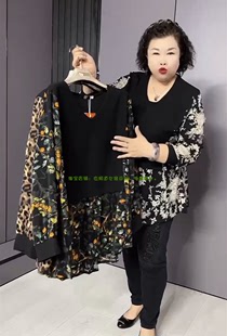 大码女装2023秋季韩版宽松显瘦大码雪纺丝绒，假两件中长款衬衫
