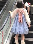 日系少女可爱背带裙套装，女学生甜美宽松娃娃领衬衫+蝴蝶结连衣裙