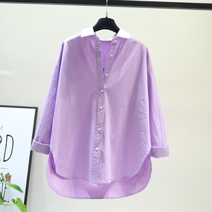 浅紫色设计感小众衬衫长袖，棉上衣女士，春秋装宽松休闲法式打结开衫