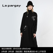 lapargay纳帕佳2024春季女式黑白色长袖，修身中长款针织连衣裙