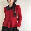 娃娃领针织开衫毛衣外套，女宽松慵懒风，设计感收腰显瘦外穿红色上衣
