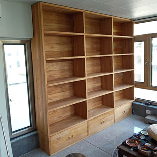 老榆木书架实木定制书柜落地收纳格子架满整墙置物架背景格架