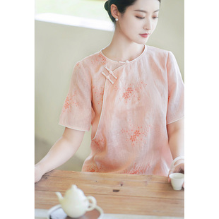初蝉新中式改良旗袍日常复古夏季女装橘粉色，国风高端棉亚麻连衣裙