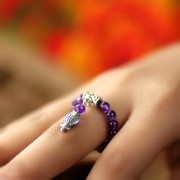 天然紫水晶戒指藏银鱼坠子百搭女士天然水晶戒指