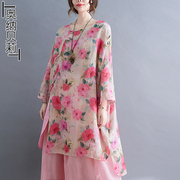 2023夏季民族风苎麻印花袍子宽松显瘦中式改良茶服棉麻上衣女