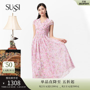 sussi古色23夏粉色(夏粉色)雪纺碎花，v领百褶长款度假连衣裙女