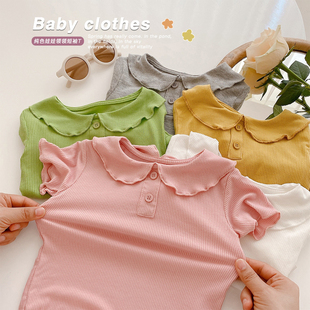 婴儿衣服夏装女宝宝短袖，t恤甜美公主娃娃领上衣薄款莫代尔打底衫