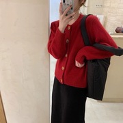 韩国复古新年红色彩色，宝石纽扣加厚保暖针织开衫毛衣外套9141