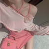 纯欲风粉色甜辣套装裙秋冬季长袖t恤罩衫花朵仙美吊带连衣裙