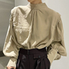 韩国chic秋季小众复古立领后背单排扣宽松纯色灯笼袖衬衫上衣女