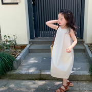 女童小众设计感气质背心长裙儿童纯色茧型开叉无袖连衣裙