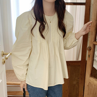 韩国chic春季简约气质圆领褶皱感设计宽松泡泡袖纯色荷叶边衬衫女