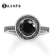 时尚精致925银锆石戒指女款黑色，圆形食指环戒子饰品女托马斯萨博