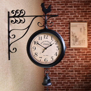 美式铁艺静音双面钟表挂钟，客厅欧式北欧创意，挂表复古工艺两面时钟