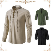 中世纪巫师衬衫万圣节cos长袖，亨利衫纯色棉麻休闲男士立领衬衫