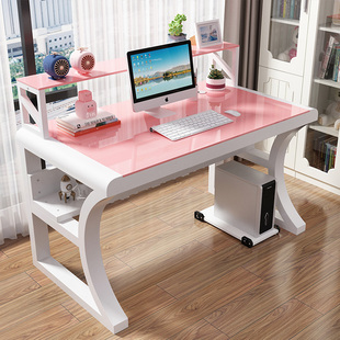 电脑桌台式家用卧室钢化玻璃，电竞桌学习书桌，书架一体经济型办公桌