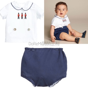 欧美高端定制夏季婴童男童短袖套装士兵上衣+裤子两件套英伦风潮