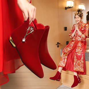 冬季婚鞋女2023平底结婚低跟秀禾服新娘鞋红色婚纱两穿不累脚